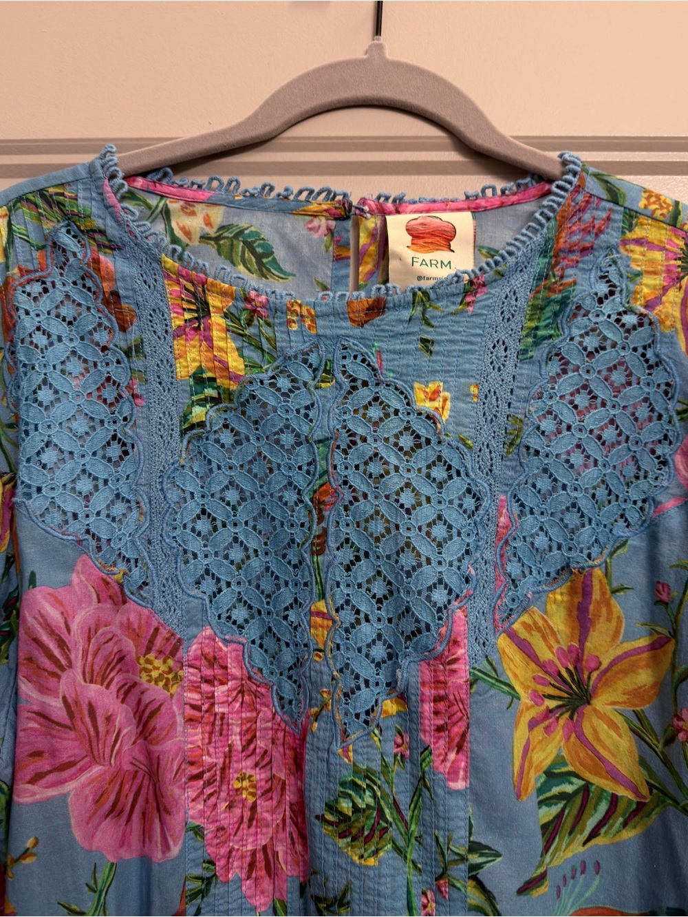 FARM Rio Blue Floral Lace-Trim Puff Sleeve Blouse - Picture 5 of 14